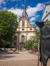 Pilgrim statue and Protestant Trinity Church in Speyer, Germany